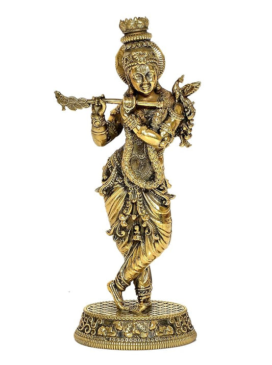 Brass Lord Krishna Idol Figurine Sculpture Playing Flute Statue Decorative Showpiece, (Height 5.5 Inch)