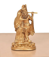 Golden Resin Radha Krishna idol, back/side view of standing figures and fluted staff