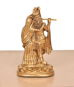 Golden Resin Radha Krishna idol, back/side view of standing figures and fluted staff