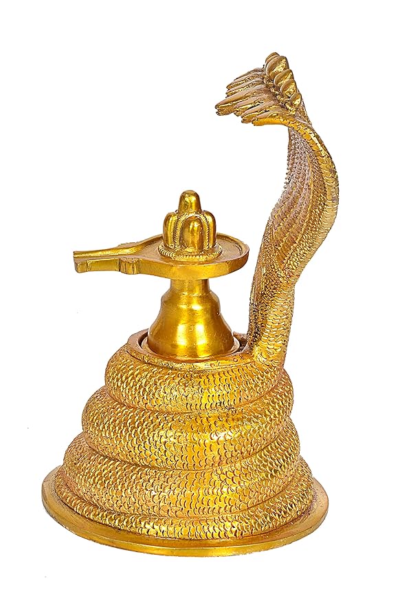 5 Five Mukha Linga Protected by Seven Hooded Serpent in Brass Gold, Height 8 Inch