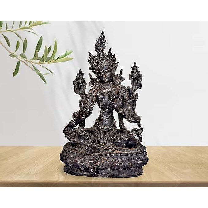 Polyresin Tara Devi Statue Tibetan Goddess Religious Green Tara Statue for Health Happiness Wealth Idol Home Decor Sculpture (Height 13 Inches)