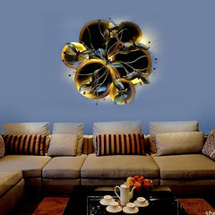 Metal circle flower wall hanging with bird accents and small LED light points