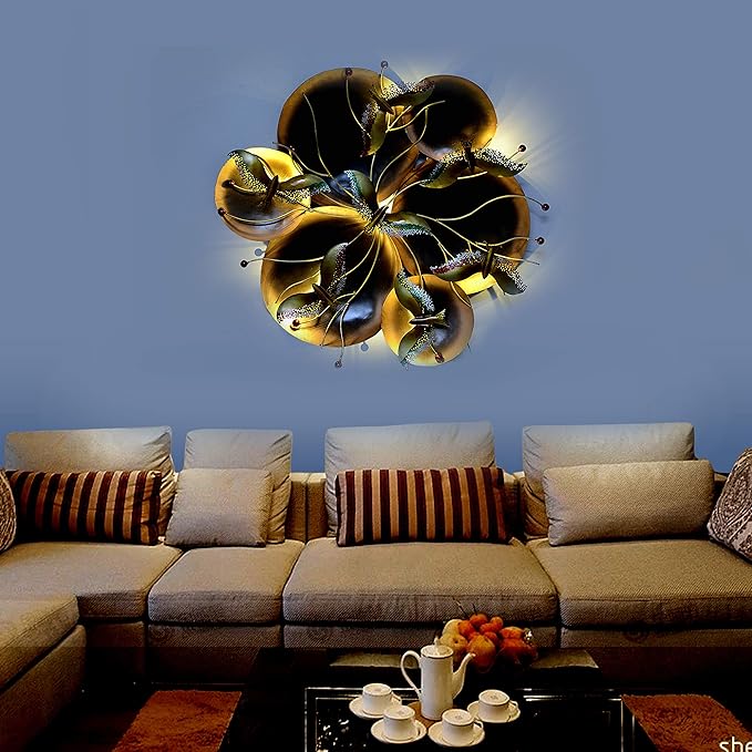 Iron Bird Circle Flower Design Wall Hanging with LED Light (Height: 32 Inches)