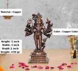 Copper Kal Bhairav idol, height 5 inch, standing figure on ornate square pedestal