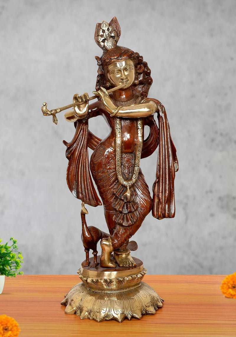AONA Brass Lord Krishna Idol Playing Flute