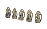 Pack of 5 brass small seated Buddha idols, angled view with different hand mudras