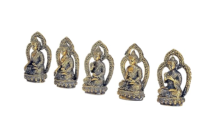 Bronze Small Buddha Pack of 5 Idol Buddha Statue Height 4.5 cm for Home Decor