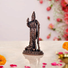 Copper Madurai Meenakshi idol, 3-inch, angled view with engraved base and ornaments