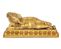 Brass reclining Ganesha figure with detailed ornamented base for puja mandir