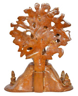 Brass Dakshinamurti Shiva statue rear view, ornate back halo and seated base