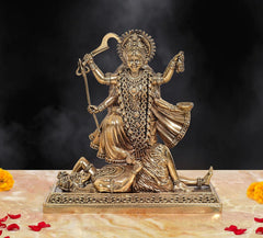 Bronze Mahakaali Mata idol with Shivji, holding trident and bowl, 6-inch