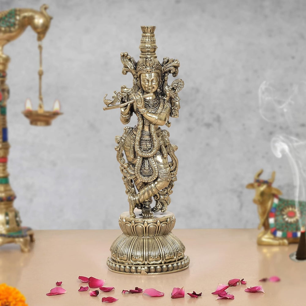 Superfine Brass Lord Krishna Sculpture Playing Flute (Height 9 Inch)