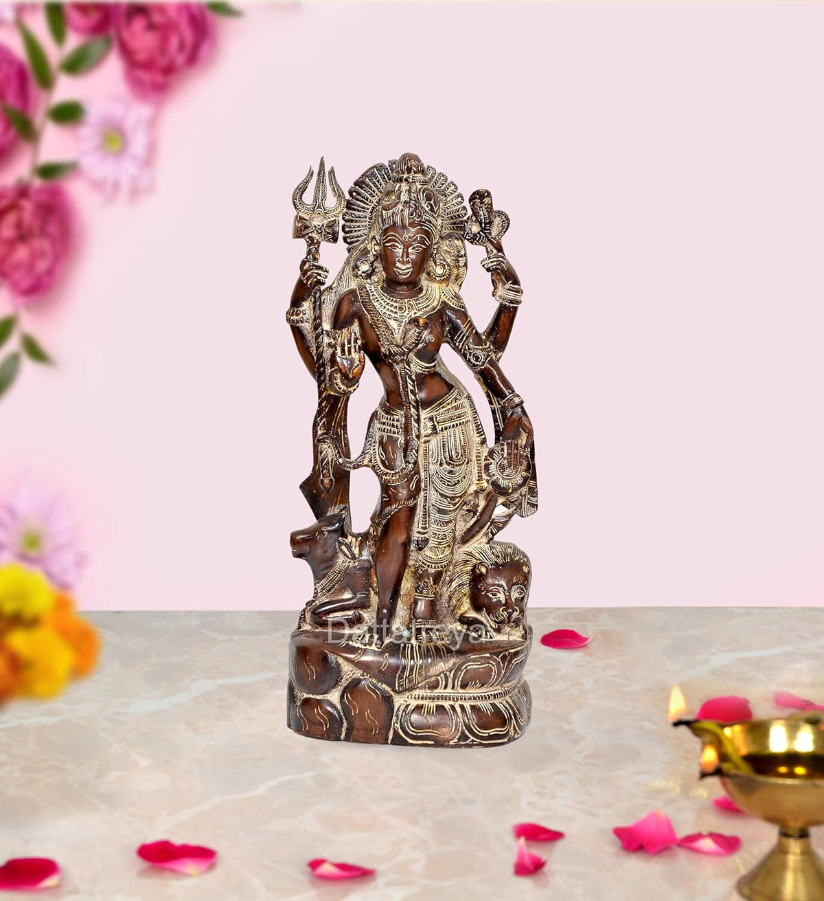 Brass Ardhnariishwar figurine of half Shiva and Parvati, seated on lotus base