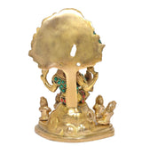 Brass Dakshinamurti Shiva statue rear view, gold back plate, multicolor jeweled decorations