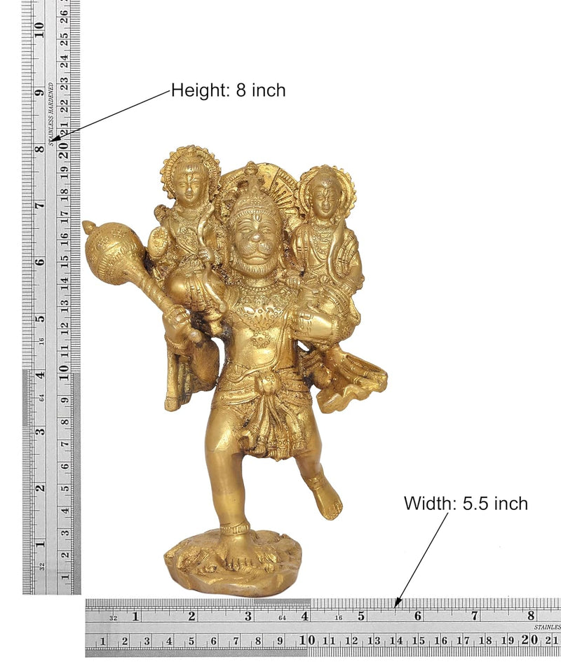 Brass Hanuman Carries Ram ji and Lakshman on His Shoulders Handcrafted Spiritual Decor for Home and Office Decor (Height 8 Inch)