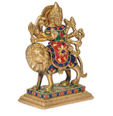 Durga Maa on lion idol brass figurine, front view with colorful embellished gown
