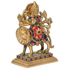 Durga Maa on lion idol brass figurine, front view with colorful embellished gown