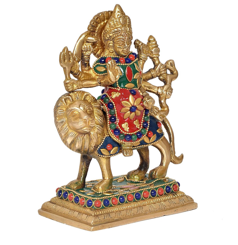 Brass Durga Maa with Lion Idol Hindu Goddess Sherawali MATA Murti MATA Rani Statue Figurine Home Temple (Height: 6.5 Inch)