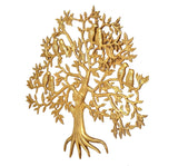 Brass Kalpavriksha tree wall hanging, detailed trunk and outstretched roots with birds