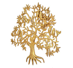 Brass Kalpavriksha tree wall hanging, detailed trunk and outstretched roots with birds