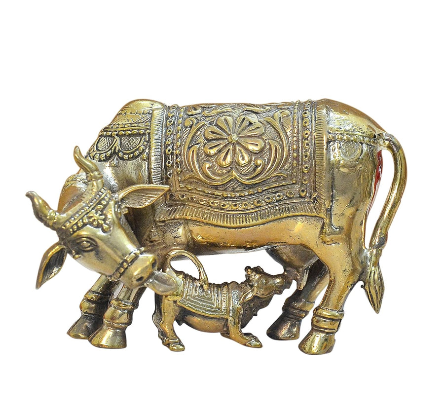 Superfine Brass Kamdhenu Cow with Calf Statue for Pooja Mandir Home Templ Decor Decorative Showpiece (Height 3 Inch) Craft Detail