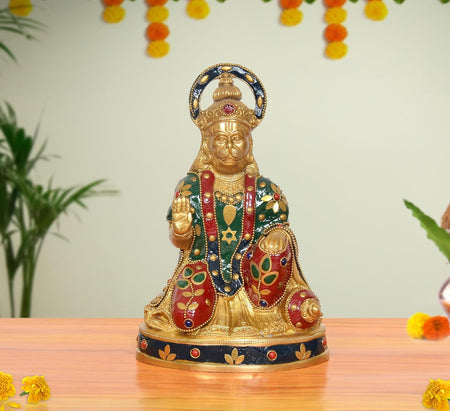 Brass Hanuman JI Sitting in Blessing Sculpture (Height 9 Inch)