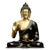 Brass Medicine Buddha statue, seated with raised hand and medicine bowl