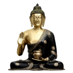 Brass Medicine Buddha statue, seated with raised hand and medicine bowl