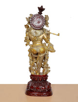 Back/side view of brass Lord Krishna idol, flautist pose, detailed circular halo