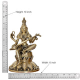Brass Saraswati statue with size guide: height 10 in, width 6 in