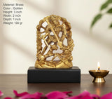 Golden brass Durga-Mahishasura-Mardini idol, 3 inch, on black square base.