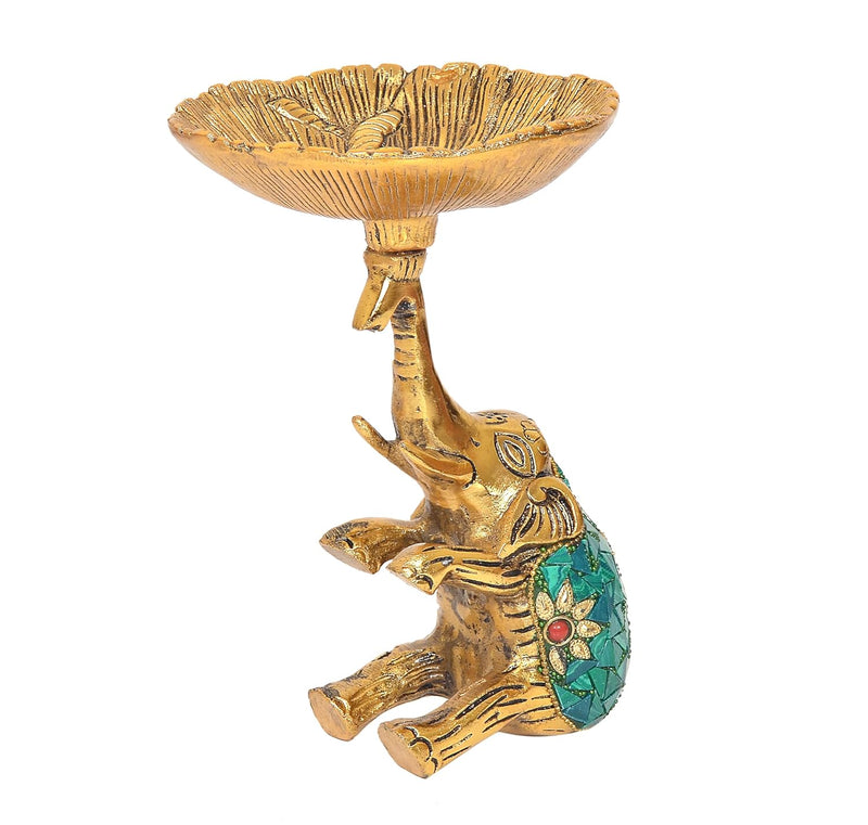Metal Golden Elephant Dry Fruit Bowl Showpiece (Height 7 Inch)