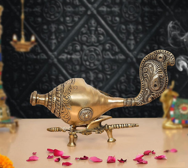 Brass Conch Shankh with Stand (Height: 13 inch)