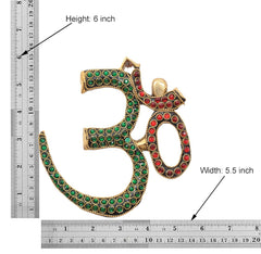 Brass OM wall hanging height 6 in, width 5.5 in, green and red inlay