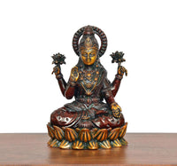 Lakshmi Brass Idol front view, seated on lotus pedestal