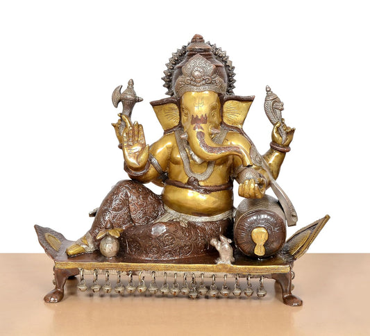 Brass Handcrafted Ganesha Seated on Chowki Idol (Height 16 Inch)
