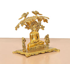 Mahavir Swami metal idol side view, seated monk with two standing attendants