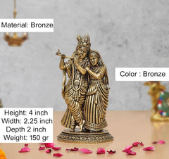 Superfine brass Radha Krishna idol in bronze finish, full view with ornate base