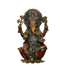 Front view of Lord Ganesha brass statue, seated on lotus base with detailed jewelry