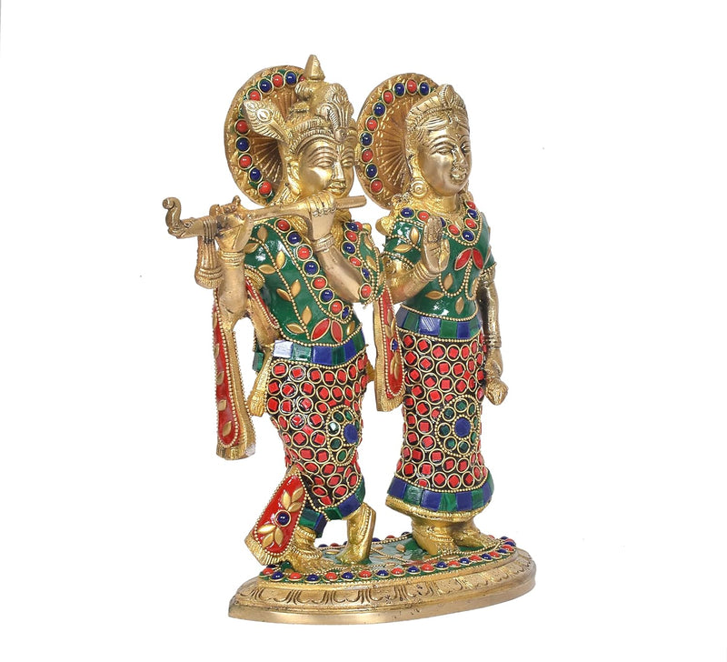 Brass Standing Radha Krishna Idol with Peacock Design – Krishna Playing Flute Decorative Showpiece for Home Décor, Mandir, Office & Temple Use (Height :10 Inches)