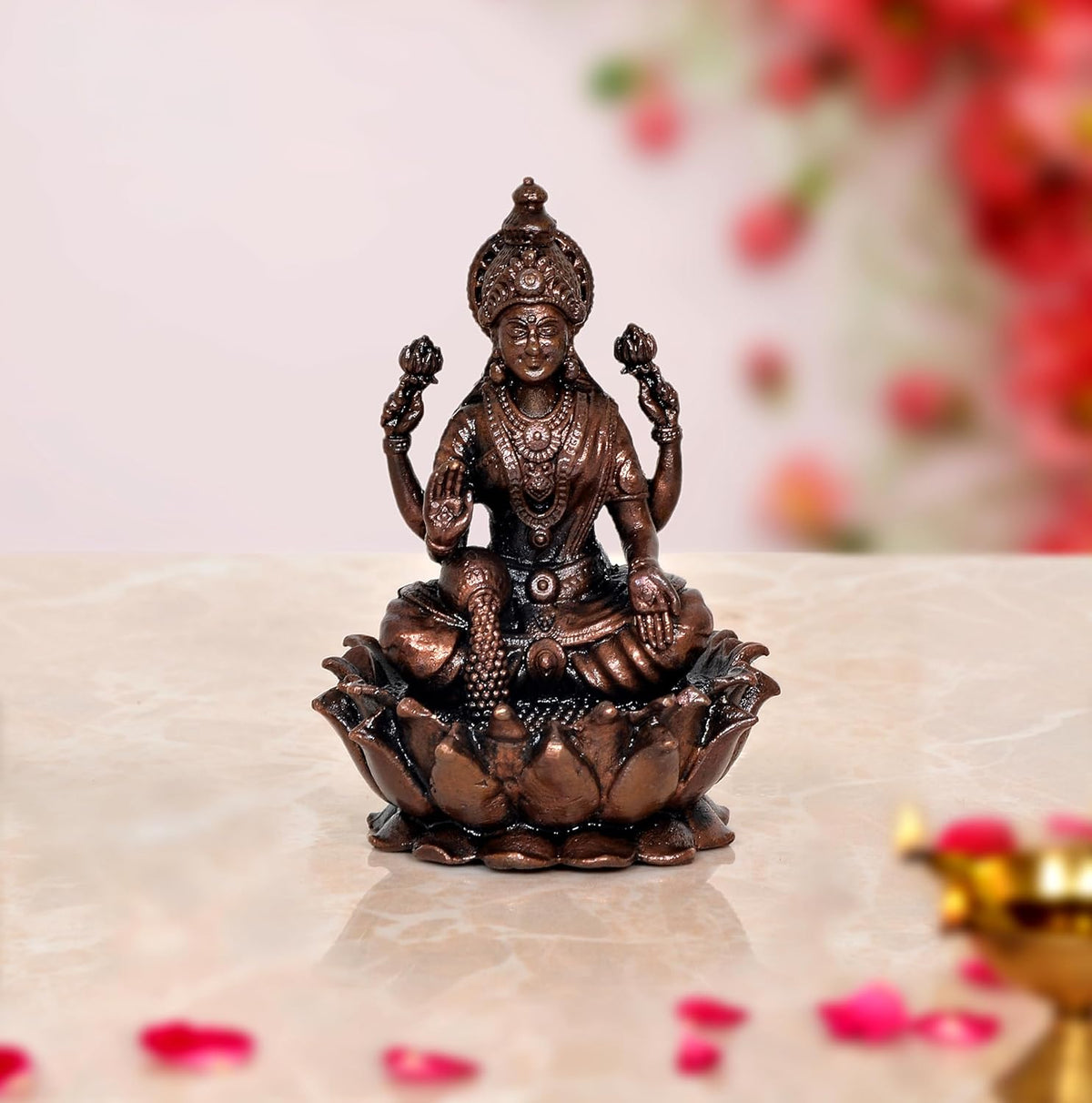 AONA Copper Laxmi Maa statue, seated on lotus with four arms, 3.5 in