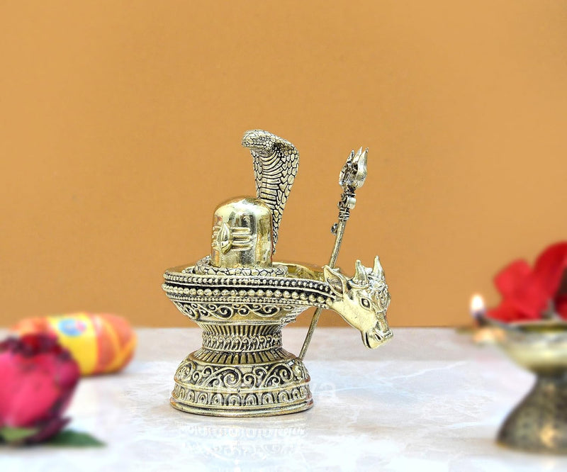 Bronze Shivling with Naag and Nandi Figurine Prefect for Home Mandir (Height: 4 inch)