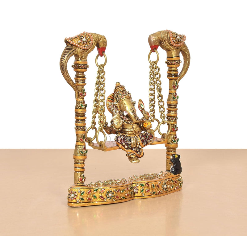 Brass Ganesha On Swing with Two Parrot Holding Chain Statue (Height 8 Inch)