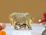 Brass Kamdhenu cow with calf figurine, rear side angle, engraved back panel