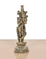 Lord Krishna brass sculpture playing flute, profile view with intricate figure details