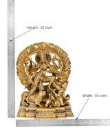 Brass Durga idol with halo and ten arms; height 12 in, width 10 in