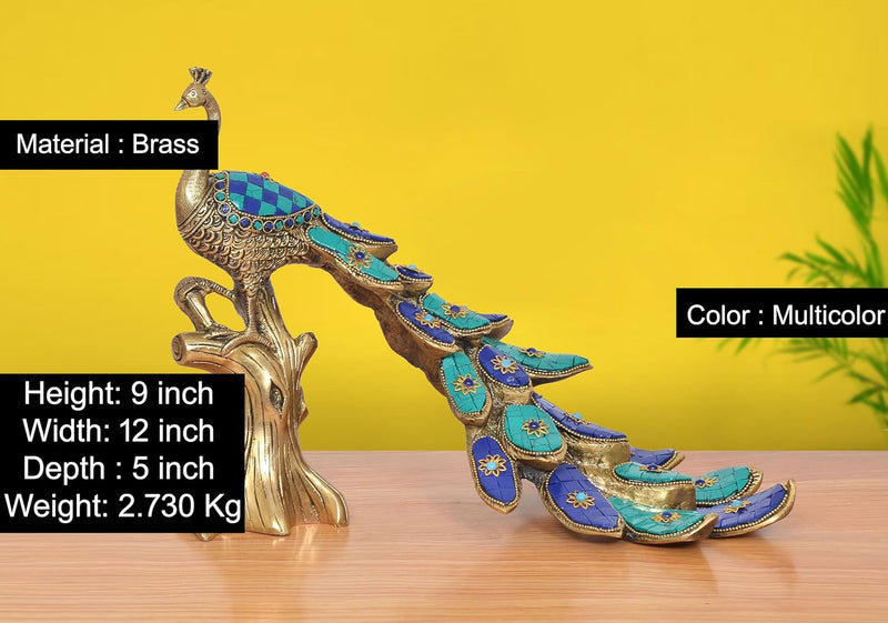 Brass Peacock with Stonework Showpiece (Height: 9 inch)
