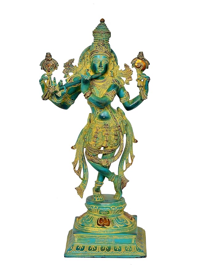 Brass Lord Krishna Idol Figurine Sculpture Playing Flute Statue Decorative Showpiece, (Height 21 Inch)