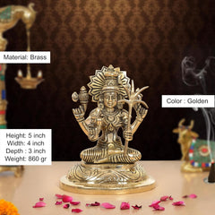 Brass Kamakshi Amman statue, golden 5 inch, seated with halo on round base