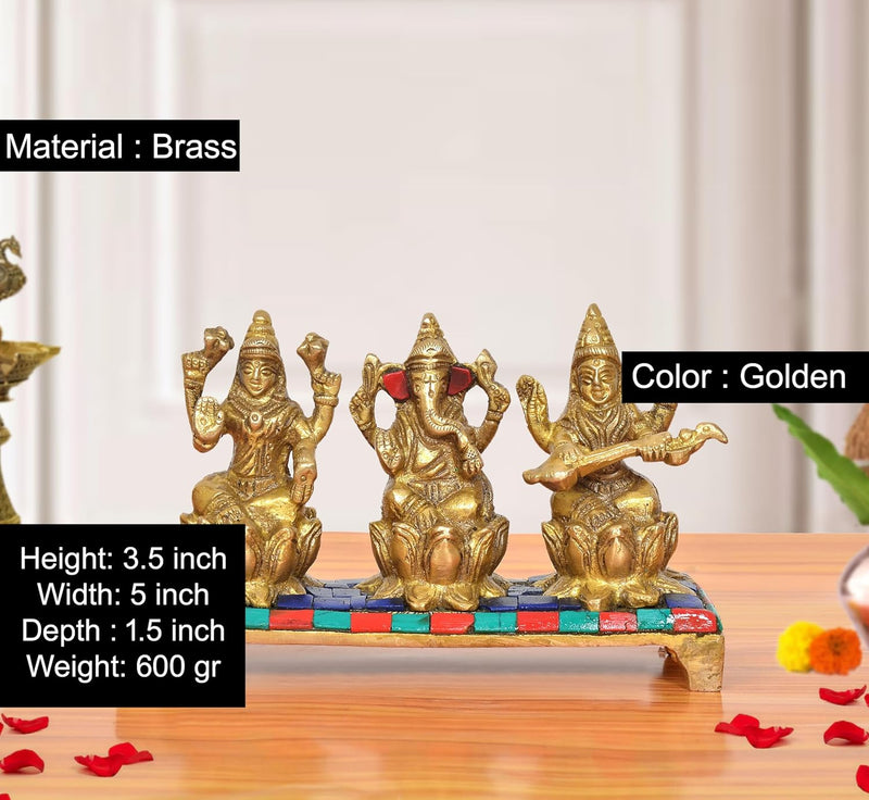 Brass Lakshmi Ganesha Saraswati Idol (Height: 3.5 inch)